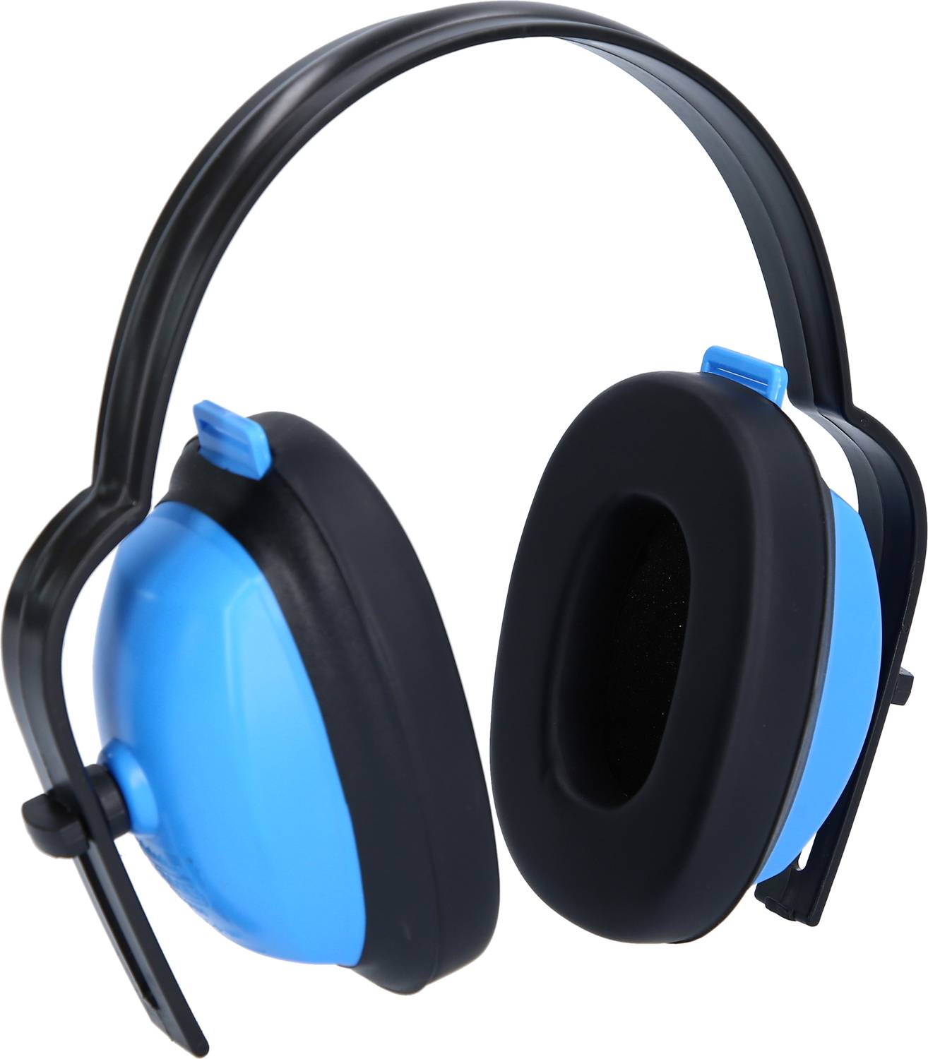 Blauer Gehörschutz mit schwarzen Polstern und verstellbarem Bügel. Ideal zur Lärmminderung.