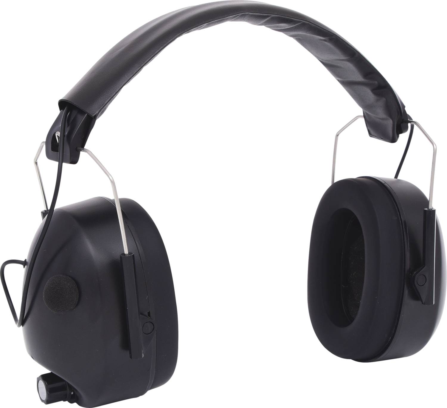 Ein Paar schwarze Lärmschutz-Kopfhörer mit gepolstertem Bügel und Ohrmuscheln.