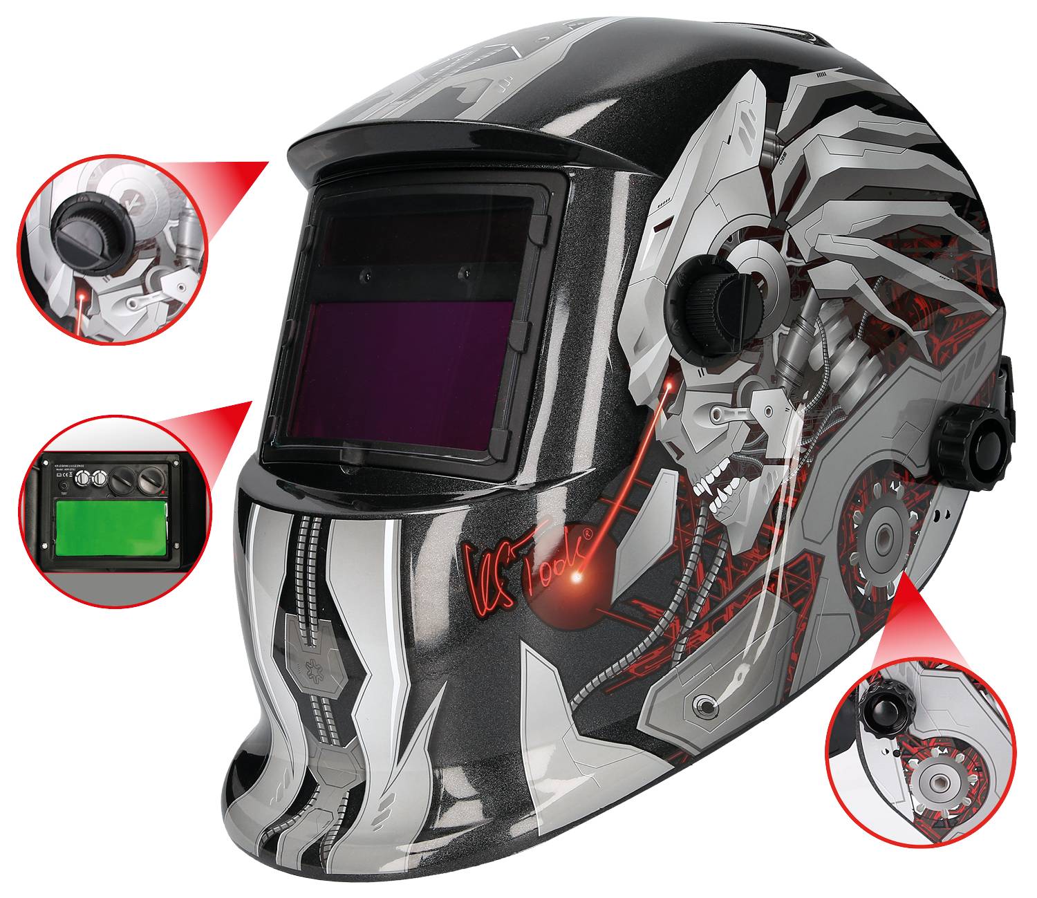 Schweißerhelm mit grafischem Design und mehreren Detailansichten, einschließlich eines einstellbaren Sichtfelds und Bedienelementen.
