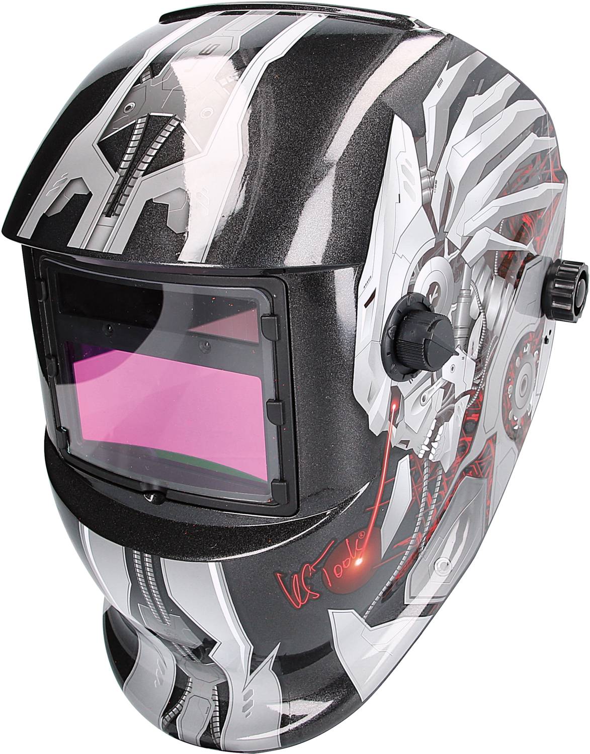 Ein schwarzer Schweißhelm mit futuristischem, technischen Design und Autotönung.