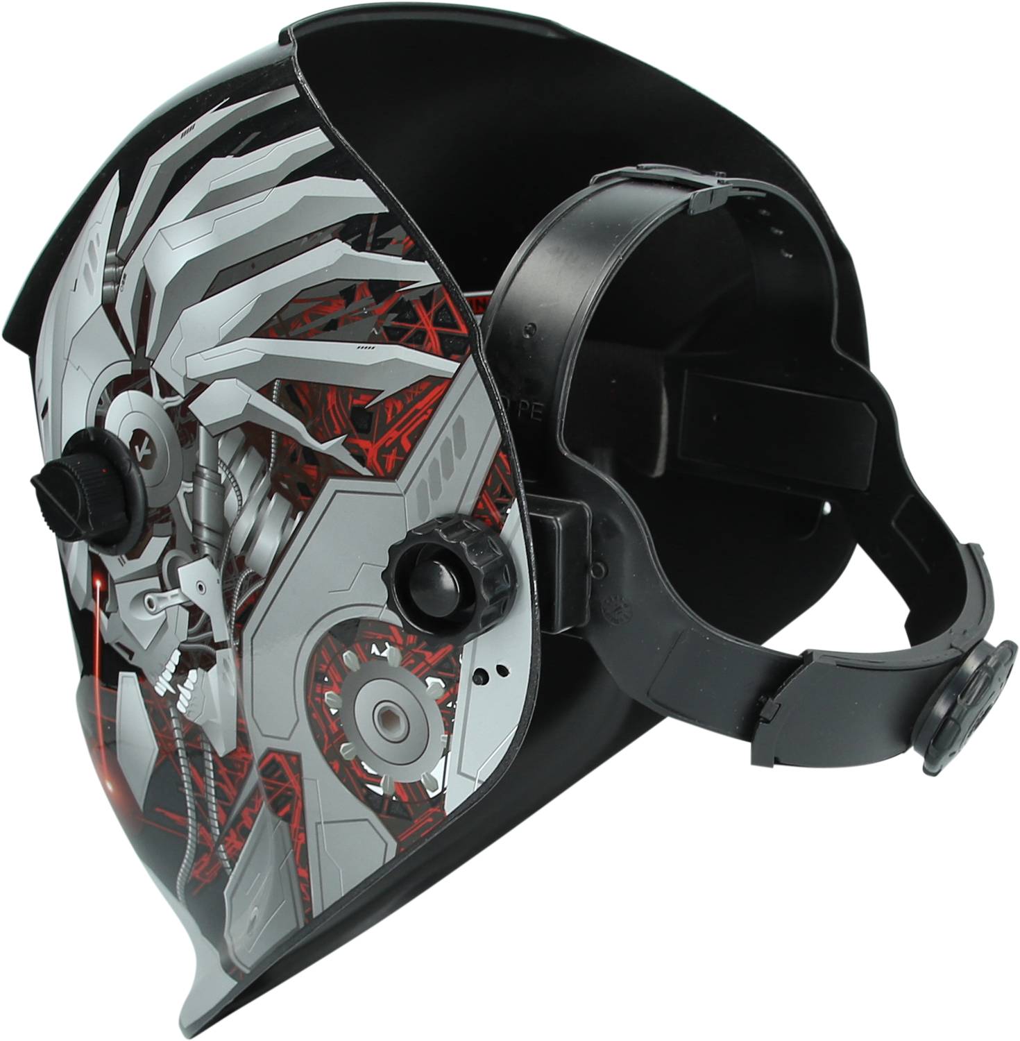 Schweißhelm mit schwarzem Riemen und verziertem Visier, zeigt mechanische und geometrische Muster in Silber und Rot.