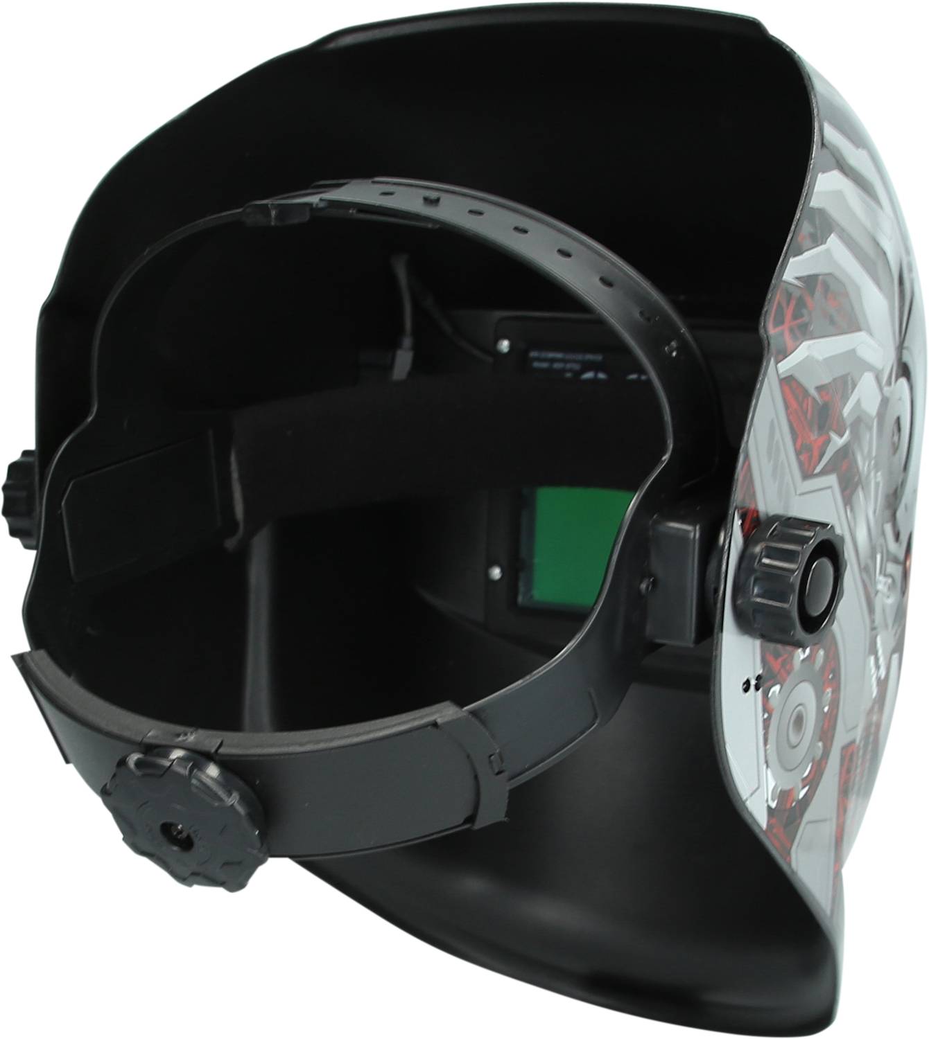 Schweißhelm mit dunkler Sichtscheibe, verstellbarem Kopfband und auffälligem Muster an der Außenseite.