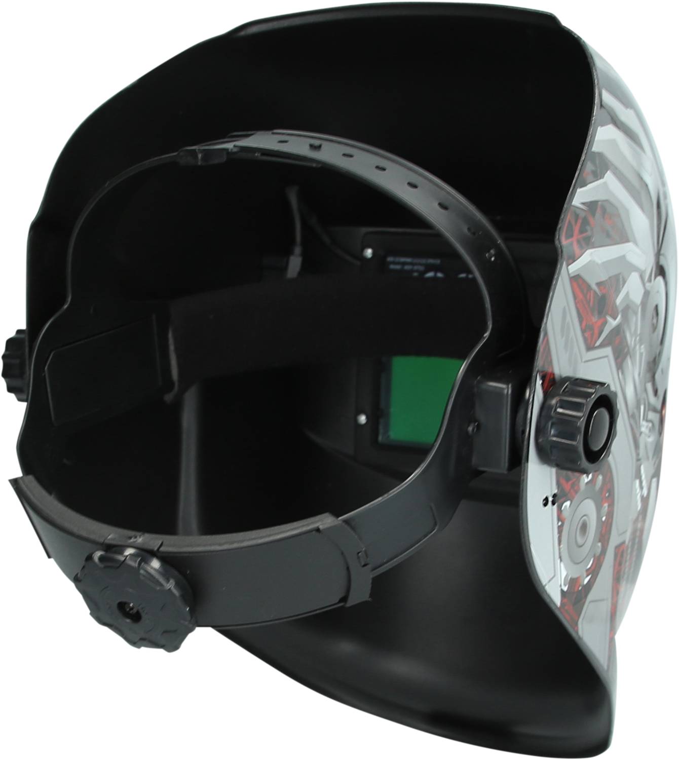 Schweißhelm mit verstellbarem Kopfband und einem Display für verbesserten Schutz und Sichtbarkeit.