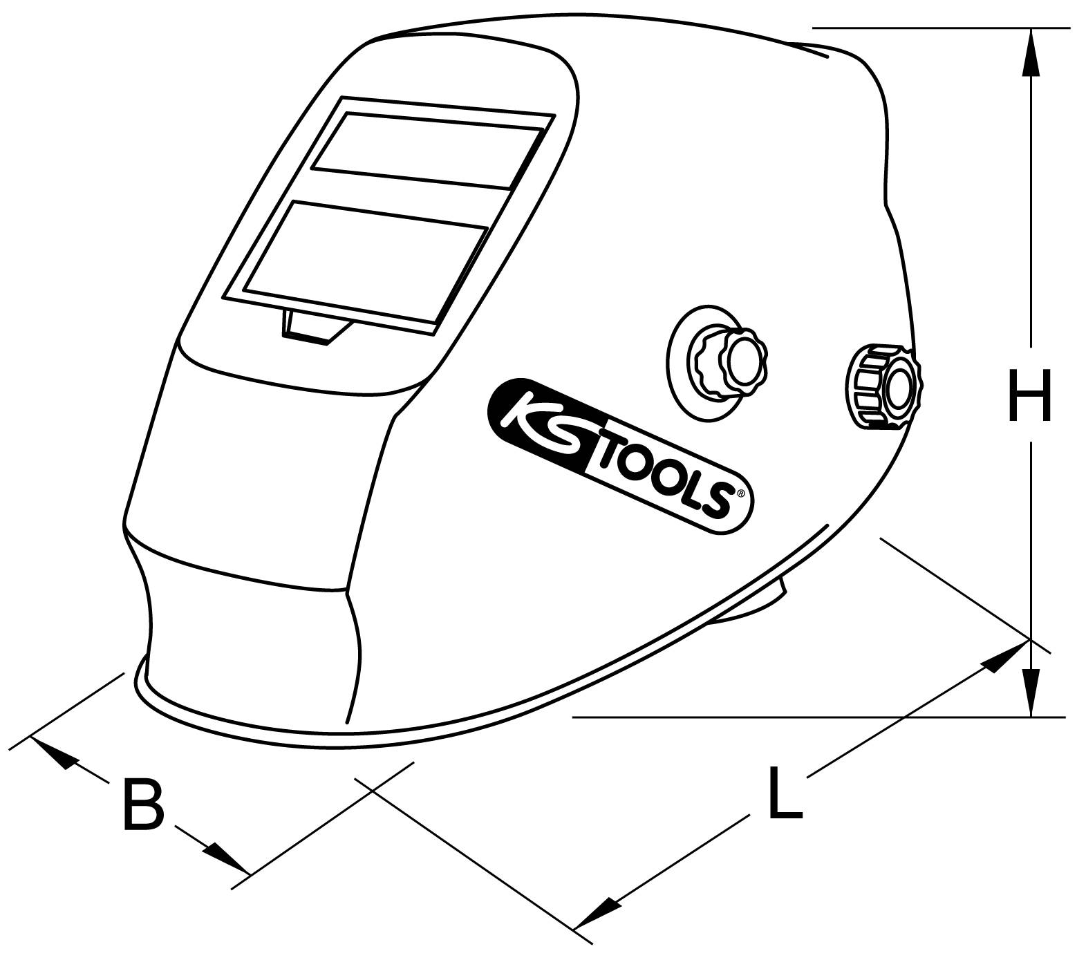 Schweißhelm mit rechteckigem Visier und Seitenschalter. Beschriftung zeigt 'KS Tools'. Maße: Höhe (H), Breite (B), Länge (L).