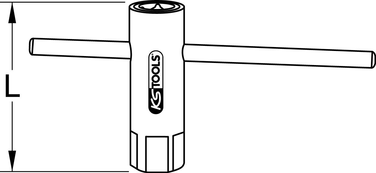 Schwarz-weiße Zeichnung eines KS Tools Zündkerzenschlüssels mit T-Griff. Der Schlüssel hat eine markante T-Form und ist zur Messung mit 'L' gekennzeichnet.