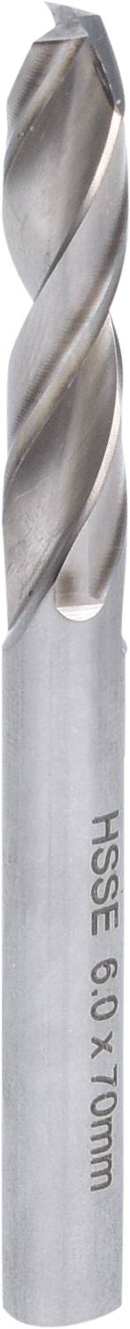 Metallbohrer mit zwei spiralförmigen Schneidkanten und glattem Schaft, Aufschrift 'HSSE 6,0 x 70 mm'.