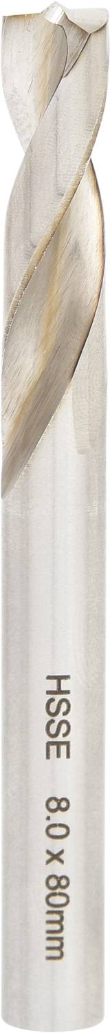 Metallfräser mit zwei Schneiden aus silbernem Metall; Maße und Material auf der Seite eingraviert.