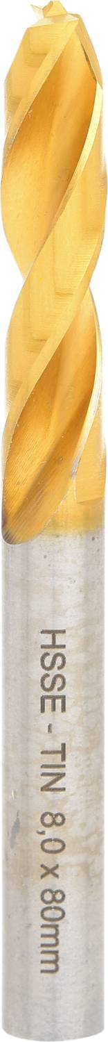Ein goldener Bohrer mit Spiralmuster auf einem silbernen Metallschaft. Auf dem Schaft steht 'HSS-E TIN 6.0 x 30 mm'.