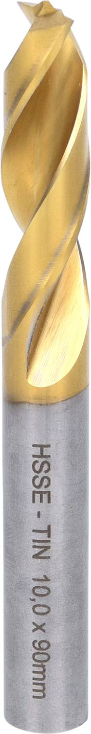 Ein Spiralbohrer mit goldener Beschichtung und silbernem Schaft. Geprägt mit der Aufschrift 'HSS-E TiN 10,0 x 80 mm'.