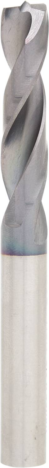 Ein weißer, spiraliger Fräser mit zwei Schneidklingen, geeignet für Metallbearbeitung. Hauptsächlich aus Stahl gefertigt.