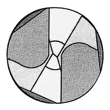 Schwarz-weißes schematisches Diagramm einer kreisförmigen Struktur mit sechs segmentierten Bereichen, die unterschiedliche Muster zeigen.