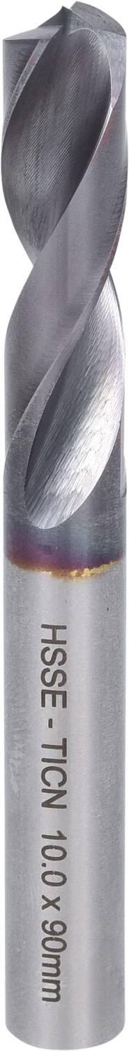 Zylinderförmiger Bohrer mit scharfen Schneiden und Gravur 'HSSE 10X10X90mm' auf der Oberfläche, hauptsächlich aus Metall.