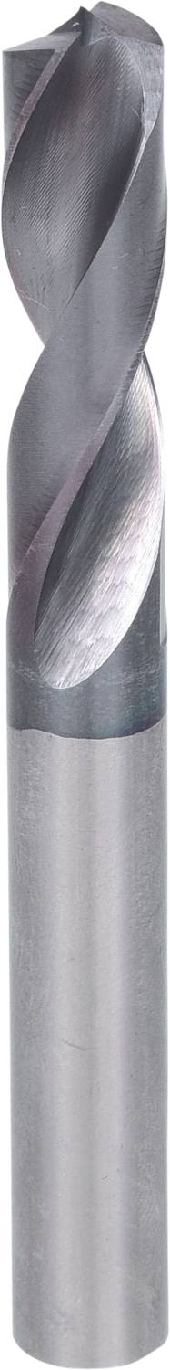 Metallfräser mit zwei spiralförmigen Schneiden, zylindrischer Schaft. Typisch für Fräsarbeiten in der Metallbearbeitung.