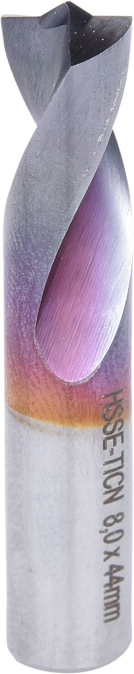 Metallbohrer mit zwei Schneiden, zeigt helle Farben, die auf eine spezielle Beschichtung hinweisen. Aufdruck: 'HSS-ETCH 8,00 x 44mm'.