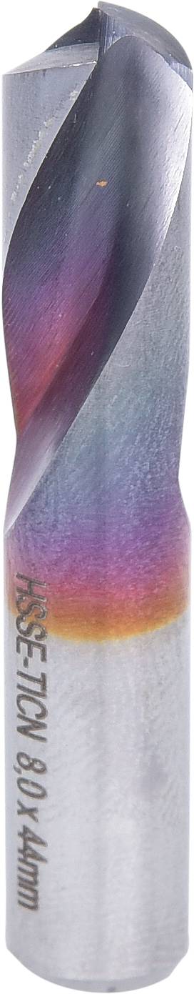 Metall-Bohrer mit Spiraldesign, teils regenbogenfarben. Aufschrift: 'HSS-E TIN 6,0 x 44 mm'.