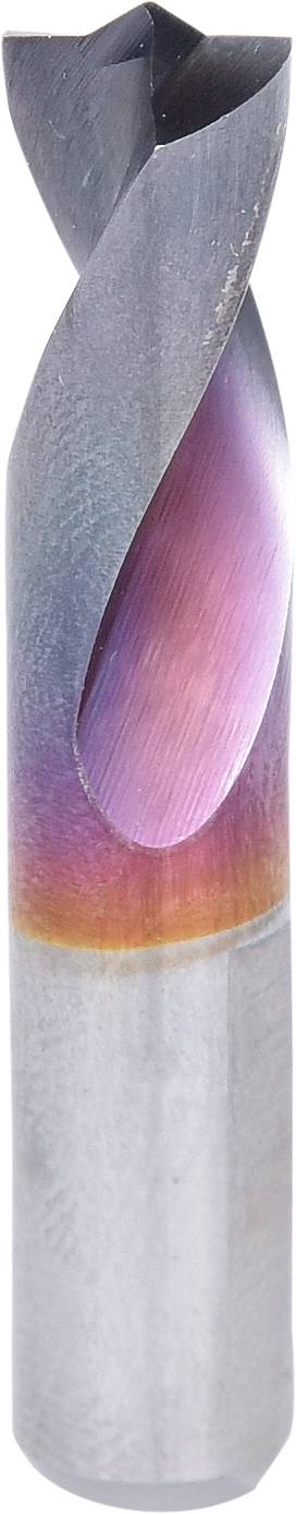 Metallbohrer mit Rainbow-Beschichtung, in vertikaler Aufsicht. Die Beschichtung zeigt lila, rosa und goldene Farbverläufe.