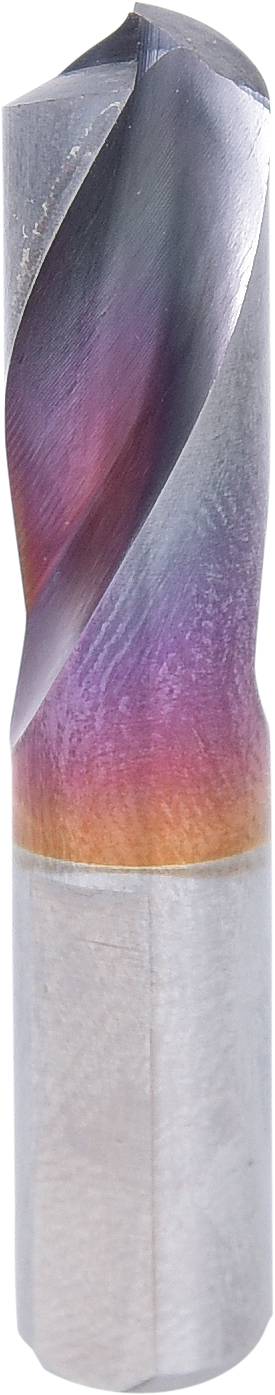 Metallbohrer mit glänzendem, spiralförmigem Schneidkopf. Oberer Teil zeigt regenbogenartige Farbveränderungen.