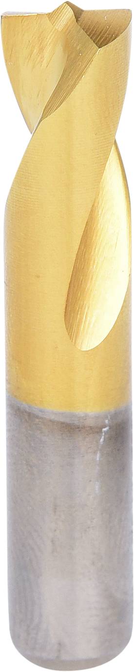 Ein gelber, zylindrischer Fräser mit spiralförmiger Schneide. Er ist zur Bearbeitung von Werkstoffen wie Metall gedacht.