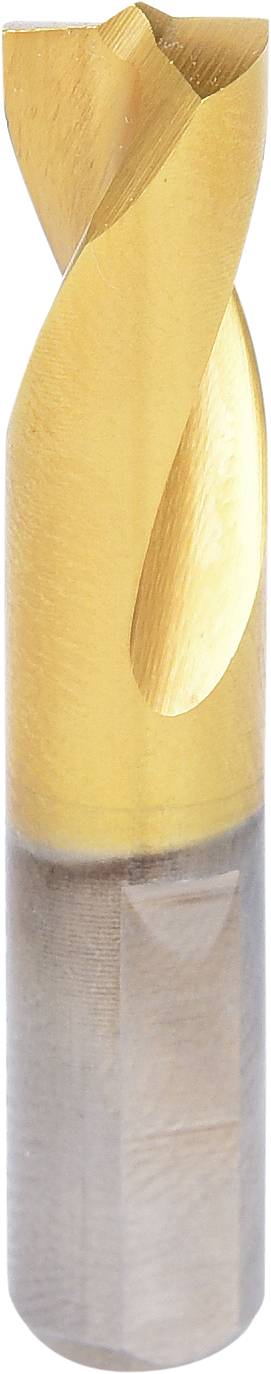 Ein goldener Bohrer mit kurzer, spiralförmiger Schneide. Er hat oben eine helle Spitze und eine graue Basis unten.