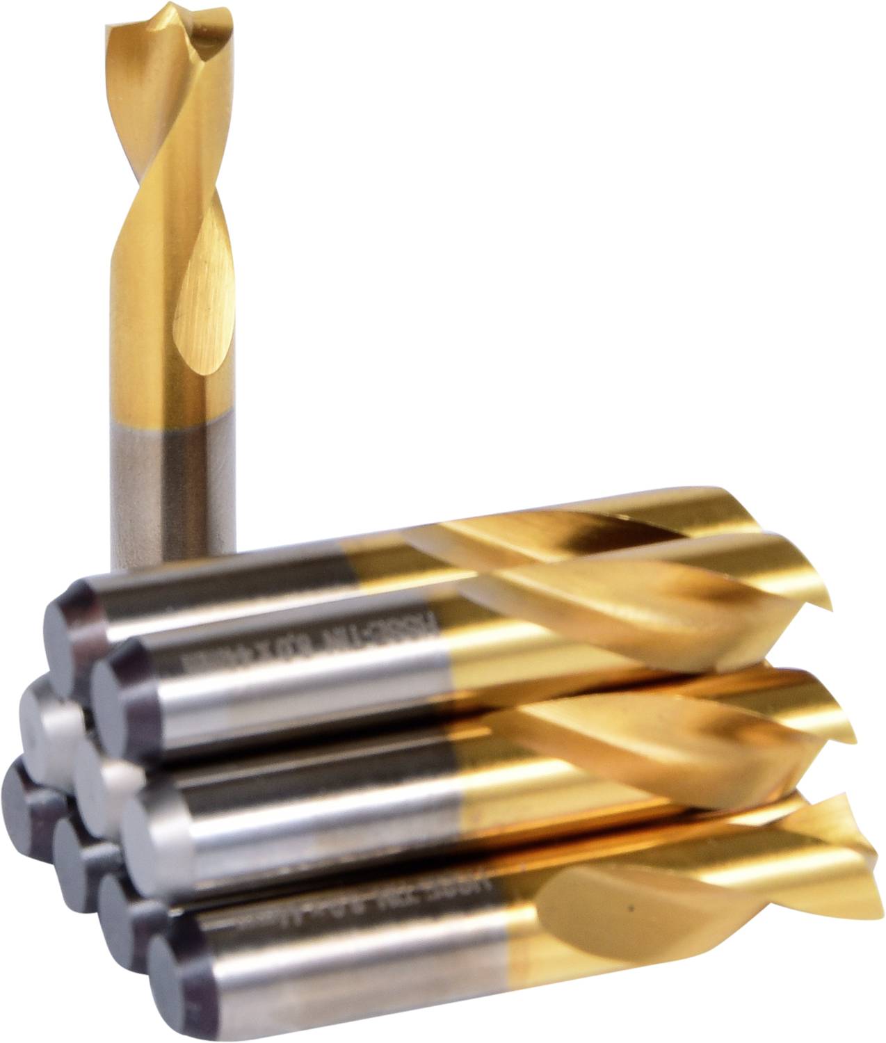 Ein Stapel Schaftfräser mit goldener Beschichtung in verschiedenen Winkeln, geeignet für präzise Bohr- und Fräsarbeiten.