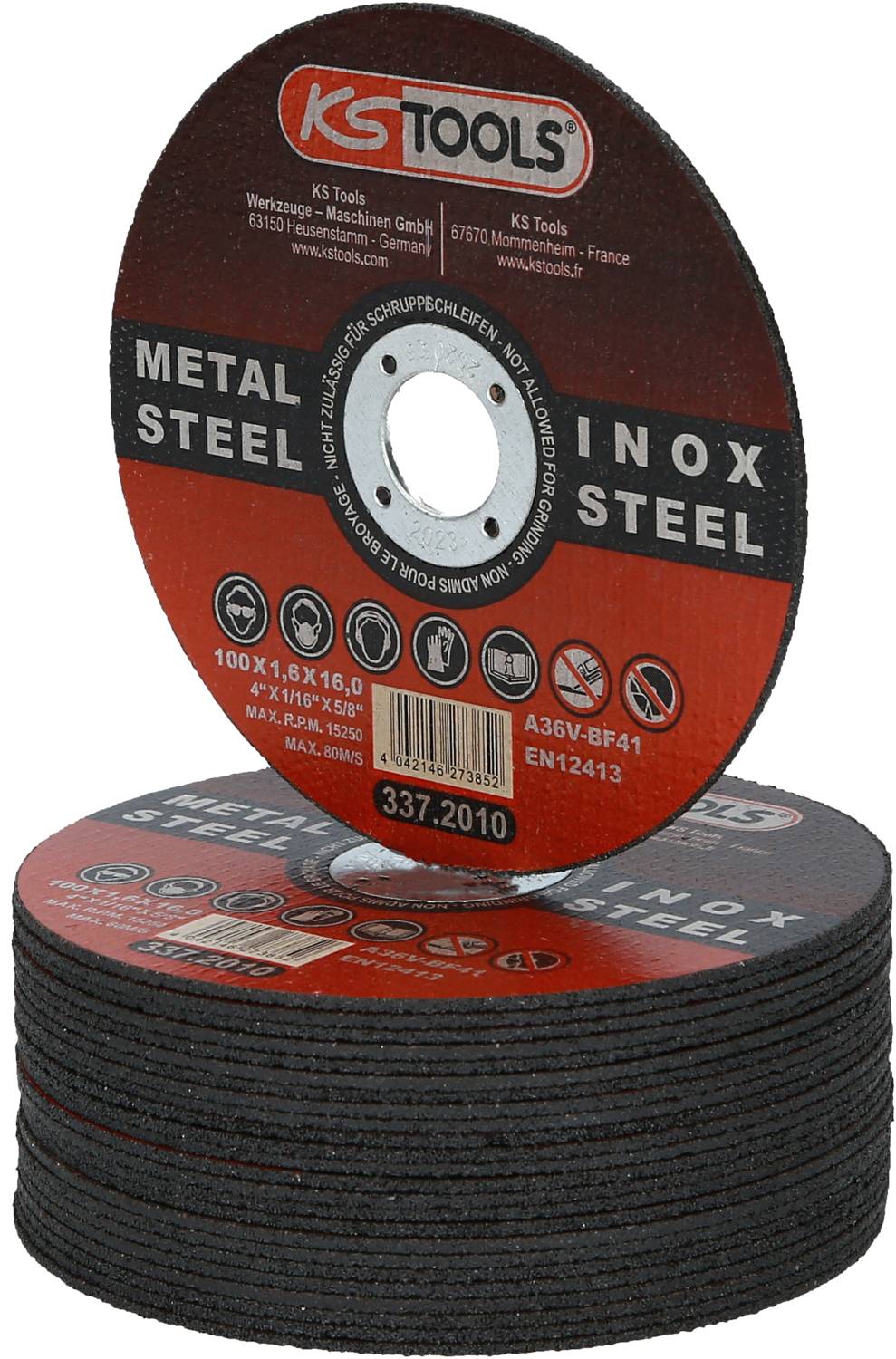 Stapel von Trennscheiben für Metall, Marke KS Tools. Jede Scheibe ist 100x1,6x16 mm groß, geeignet für Stahl und Inox, nach EN12413.