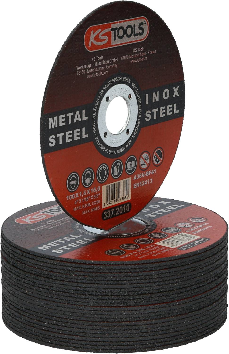 Stapel von Schleifscheiben der Marke KS Tools, beschriftet mit 'Metal Steel Inox'. Geeignet für Metallbearbeitung.