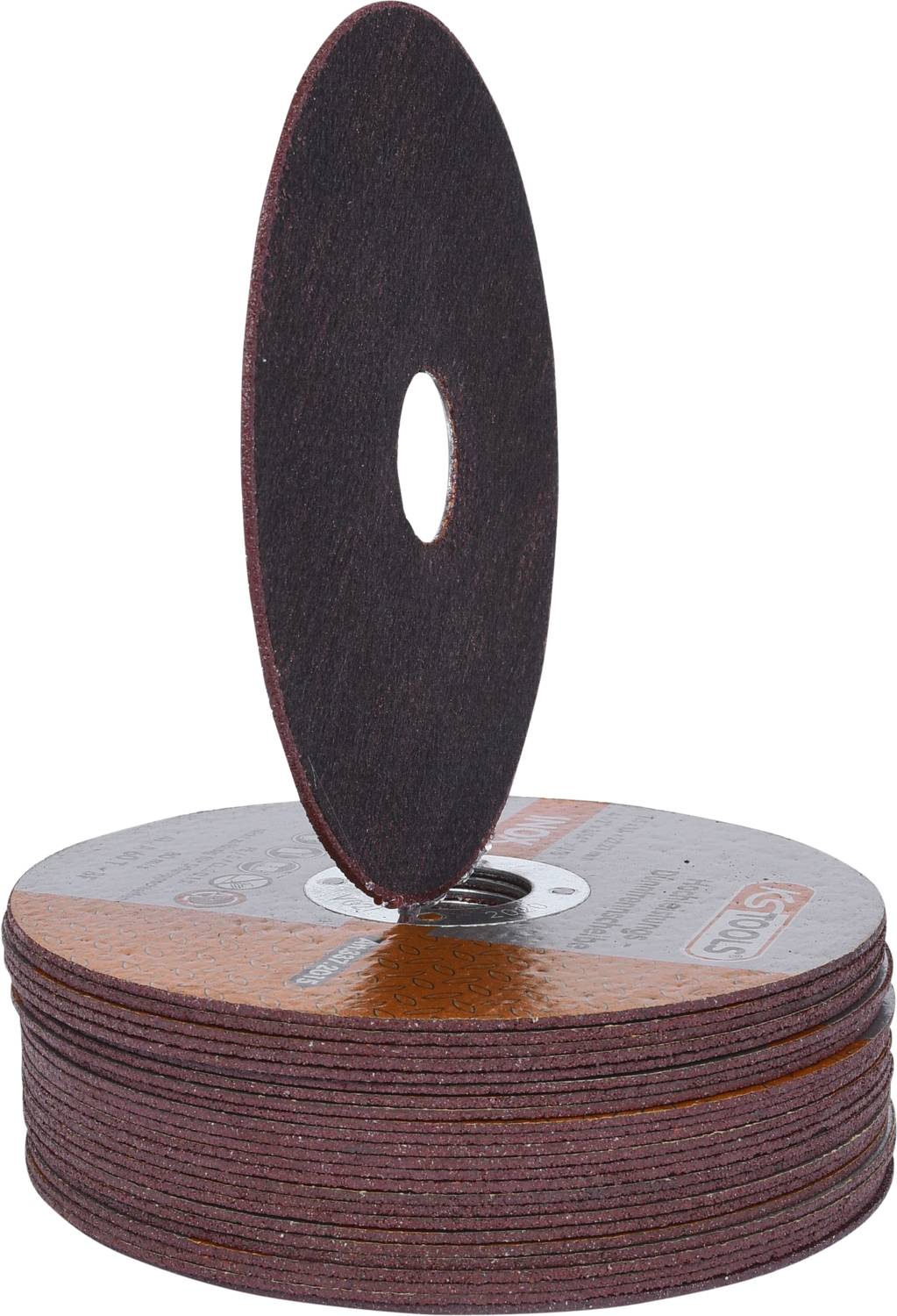 Stapel mit runden Schleifscheiben, eine aufrecht stehend. Braune Oberfläche mit Loch in der Mitte. Für Schleifmaschinen geeignet.