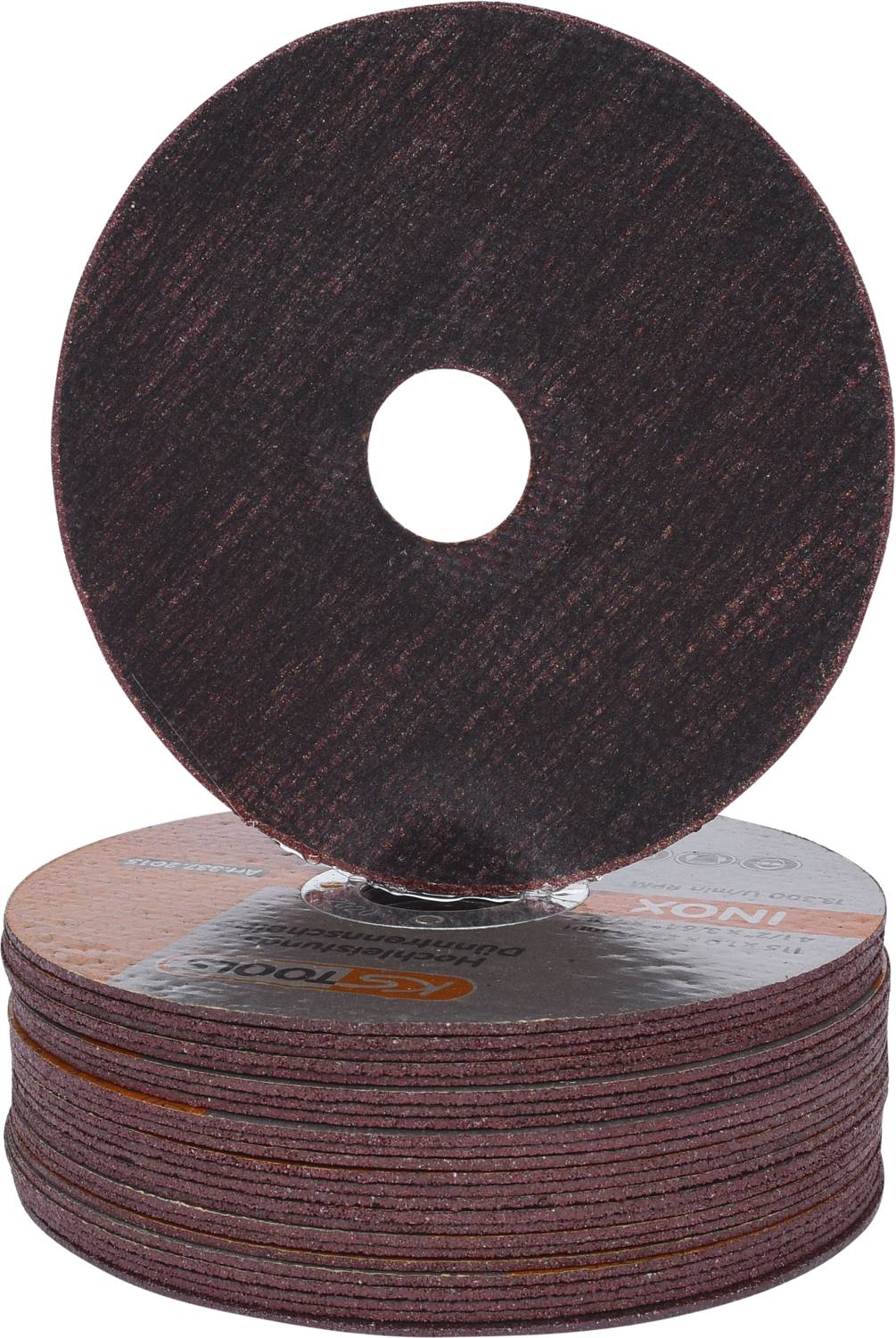 Ein Stapel brauner Schleifscheiben mit mittigem Loch, teils aufrecht stehend. Ideal zum Schleifen von Metallen oder Oberflächenbearbeitung.