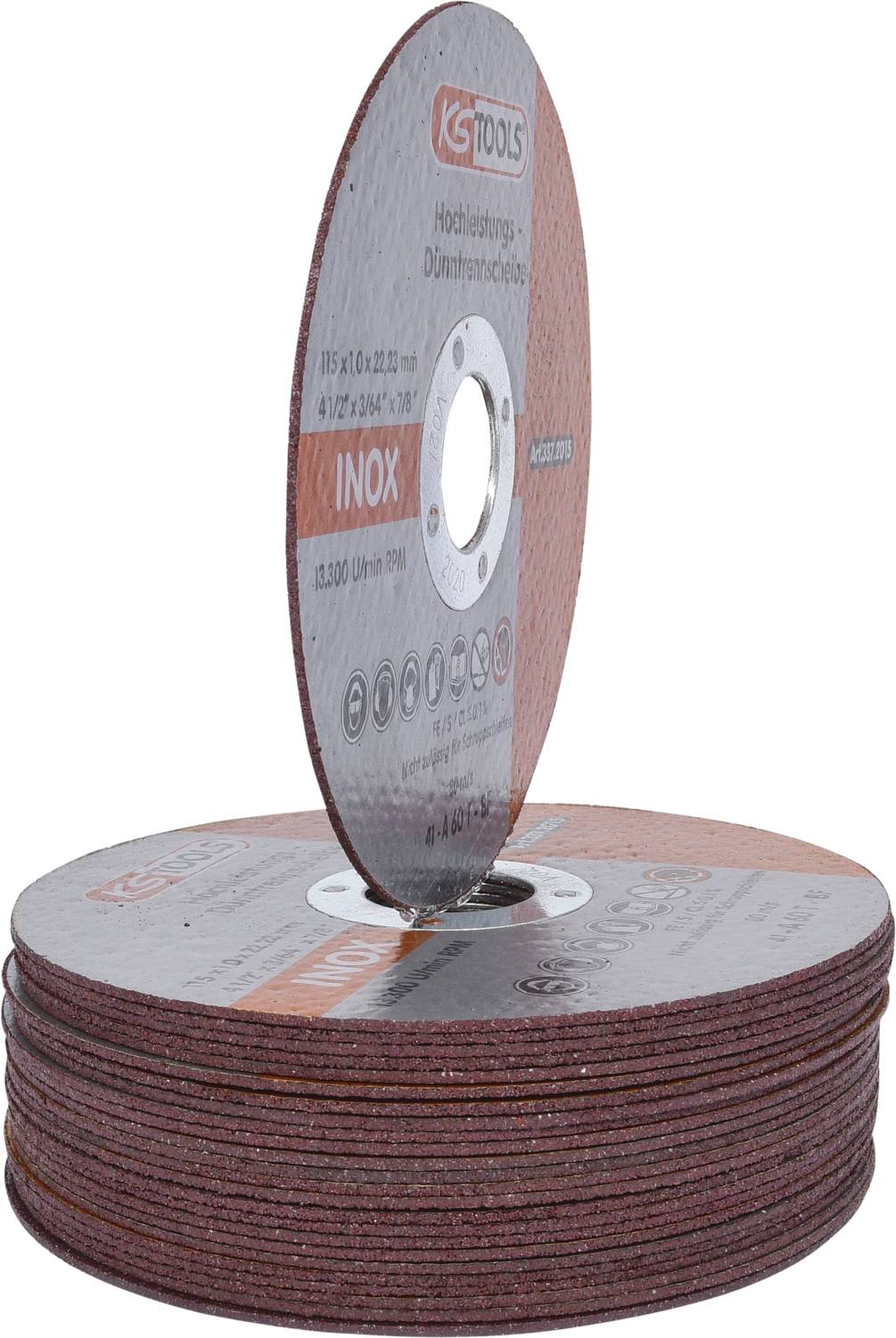 Ein Stapel Schleifscheiben der Marke KS Tools, mit einer hervorgehobenen Scheibe. Auf der Scheibe steht 'INOX', geeignet für Metall.