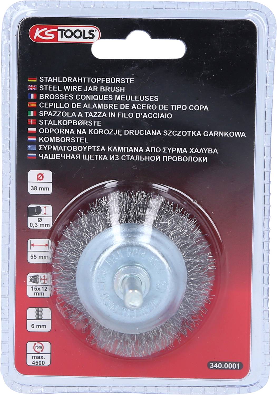 'Stahldrahttopfbürste' von KS Tools in Verpackung. Durchmesser: 38 mm, empfohlene Drehzahl: max. 4500 U/min. Texte in mehreren Sprachen.