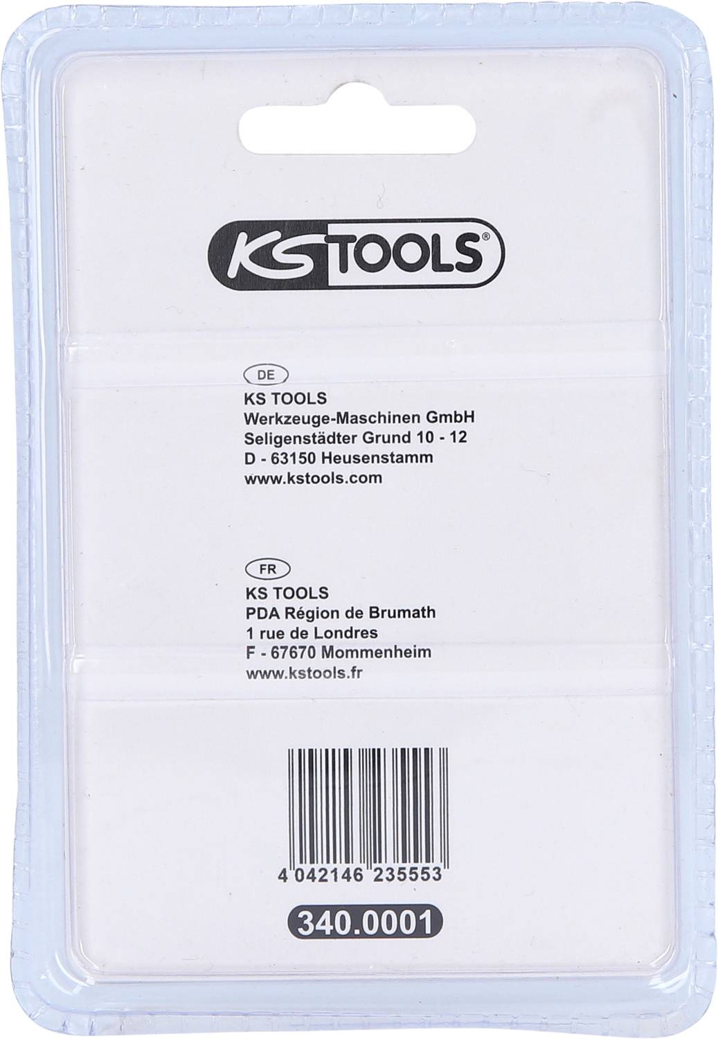 Verpackungsrückseite mit KS Tools Logo, Firmenadresse in Deutschland und Frankreich, Barcode und Artikelnummer 340.0001.