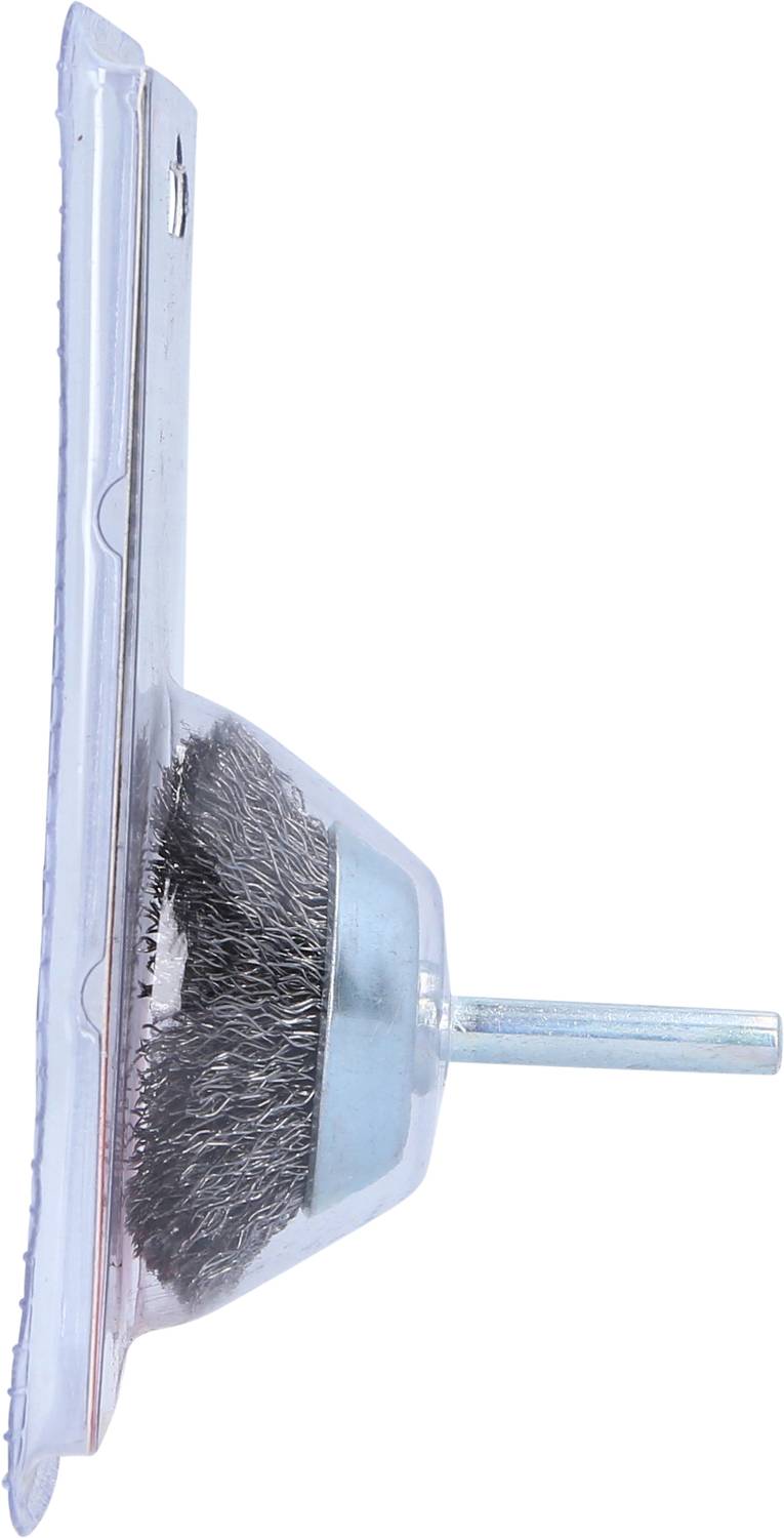 Drahtbürstenaufsatz im Blisterpackung, seitliche Ansicht, mit Metallborsten und zylindrischem Schaft zur Befestigung an Bohrmaschinen.