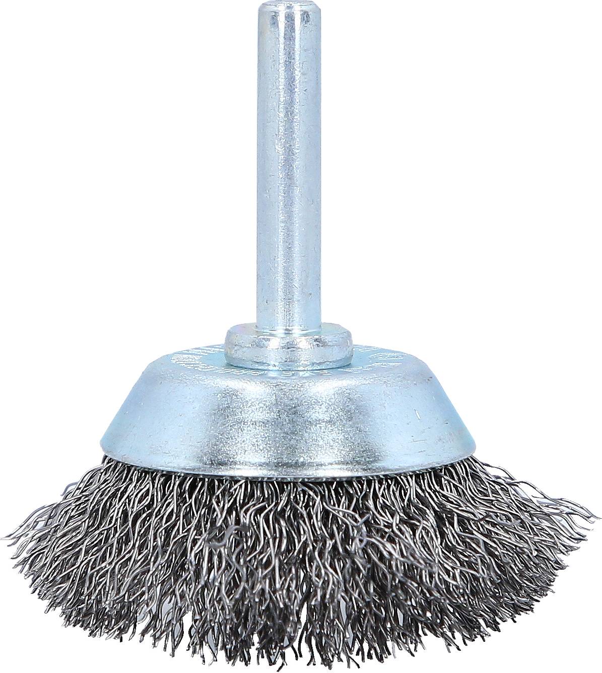 Eine runde Drahtbürste mit Metallborsten und einem metallenen Schaft, häufig für die Reinigung von Metalloberflächen verwendet.