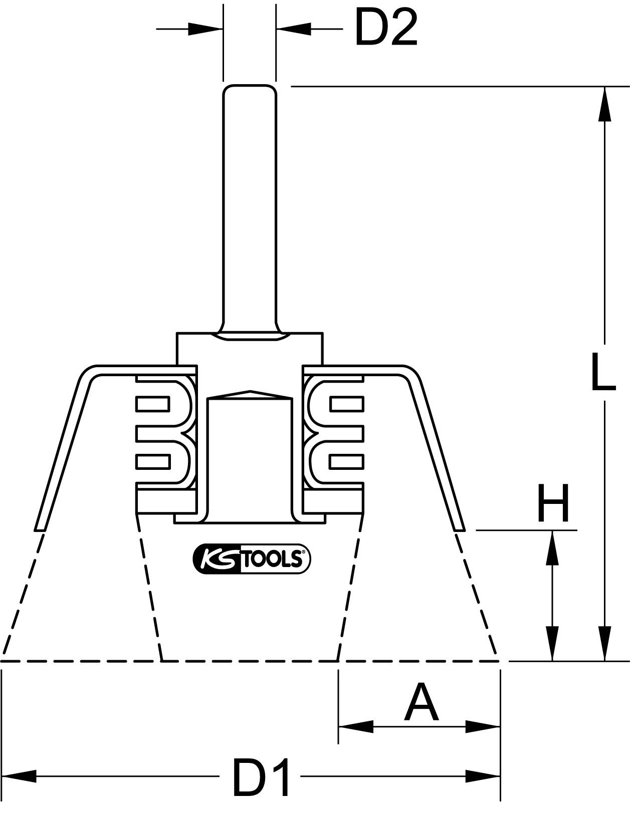 Technische Zeichnung eines Werkzeugs mit Maßen D1, D2, A, H und L, und 'KS TOOLS'-Logo zentral platziert.