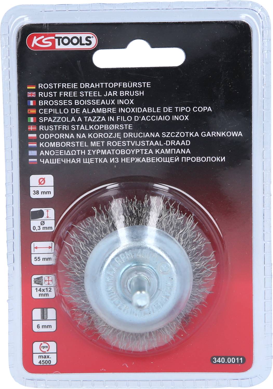 Werkzeugverpackung mit Edelstahl-Drahtbürste von KS Tools, Durchmesser: 38 mm, Maximaldrehzahl: 4500 U/min, für Bohrmaschinen.