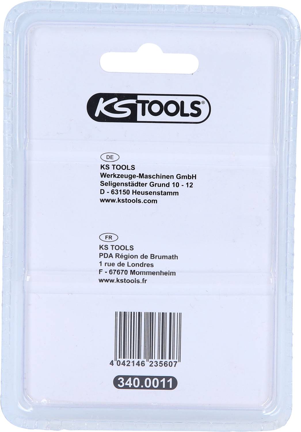 Rückseite einer Produktverpackung von KS Tools mit Adressen in Deutschland und Frankreich sowie einem Barcode und der Nummer '340.0011'.