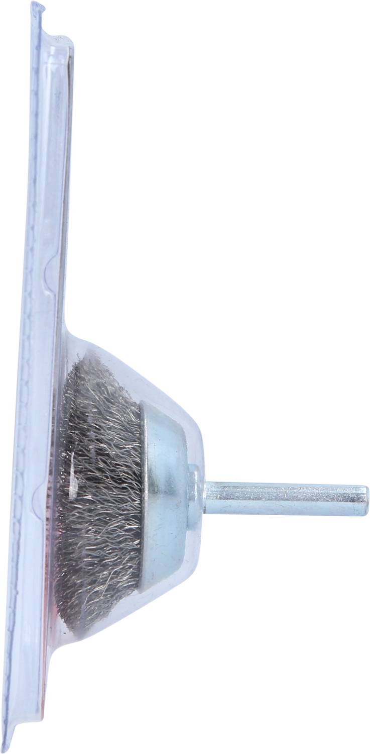 Seitenansicht einer Drahtbürste mit Metallstift, in transparenter Verpackung.