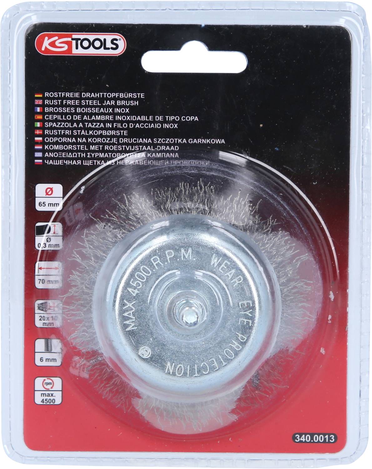 Drahtbürstenaufsatz in Verpackung; geeignet für Bohrmaschinen mit max. 4500 U/min; Durchmesser 65 mm; Schutzbrille empfohlen.