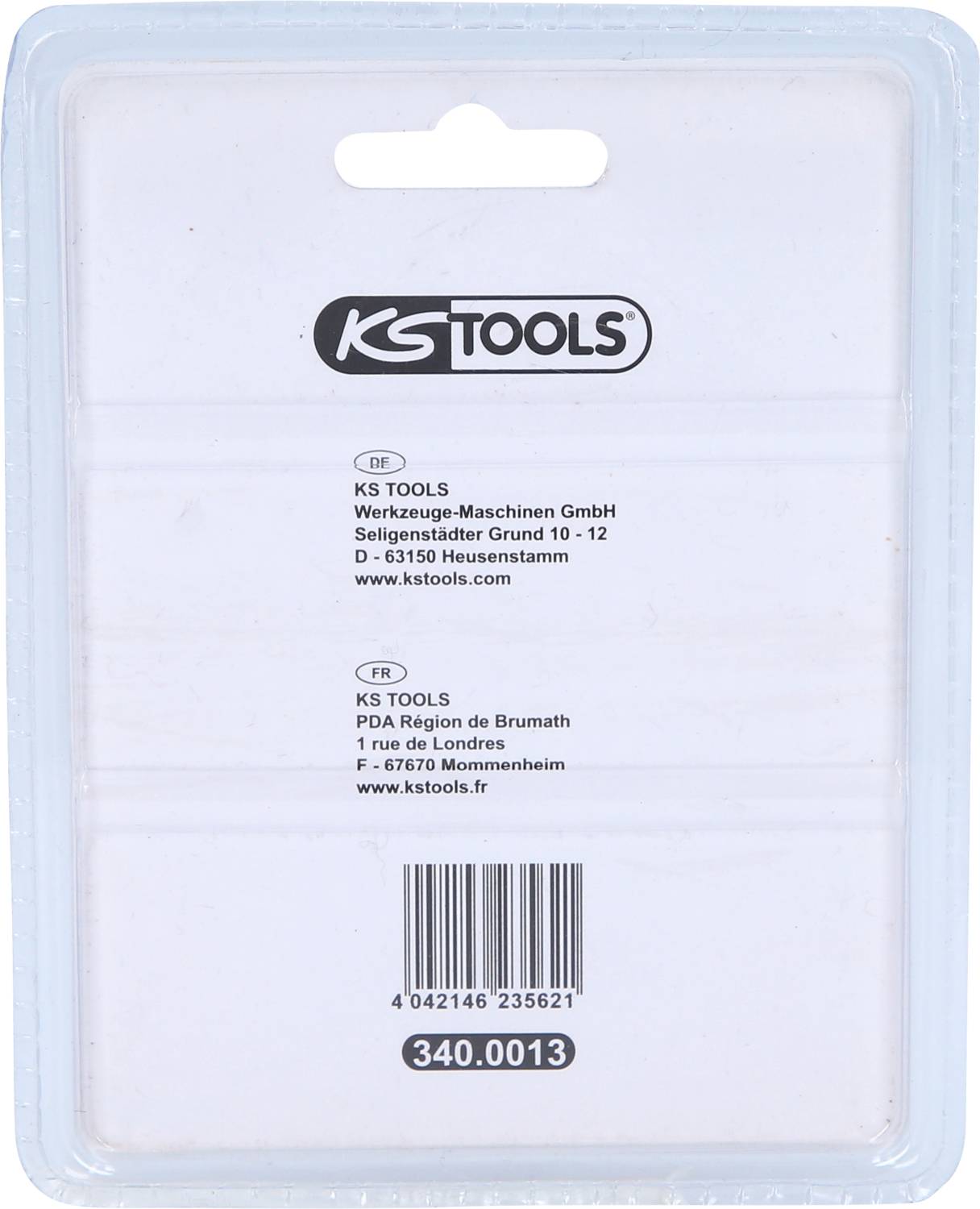 Eine Produktverpackung von KS TOOLS mit Firmenadresse: Heusenstamm, Deutschland, und Mommenheim, Frankreich, sowie der Artikelnummer 340.0013.
