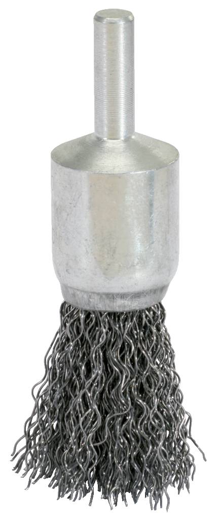 Metallbürstenaufsatz mit zylindrischem Schaft und Drahtborsten, geeignet für Bohrmaschinen zur Entfernung von Rost oder Farbe.