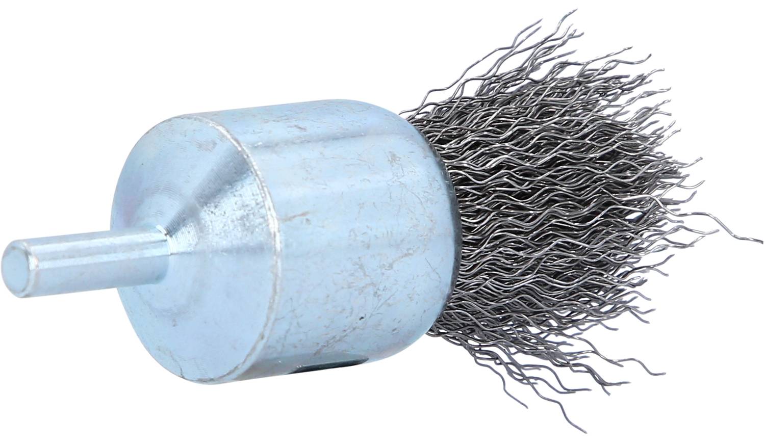 Runde Drahtbürste mit Metallborsten, an einer Stahlhalterung befestigt, zur Reinigung von Oberflächen und in Bohrmaschinen verwendbar.