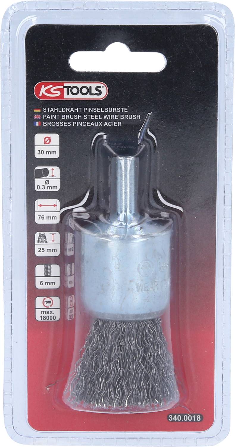 Stahl-Drahtbürste auf rotem Hintergrund in transparenter Verpackung. Geeignet für Bohrer. Verschiedene Größenangaben und Hersteller-Logo.