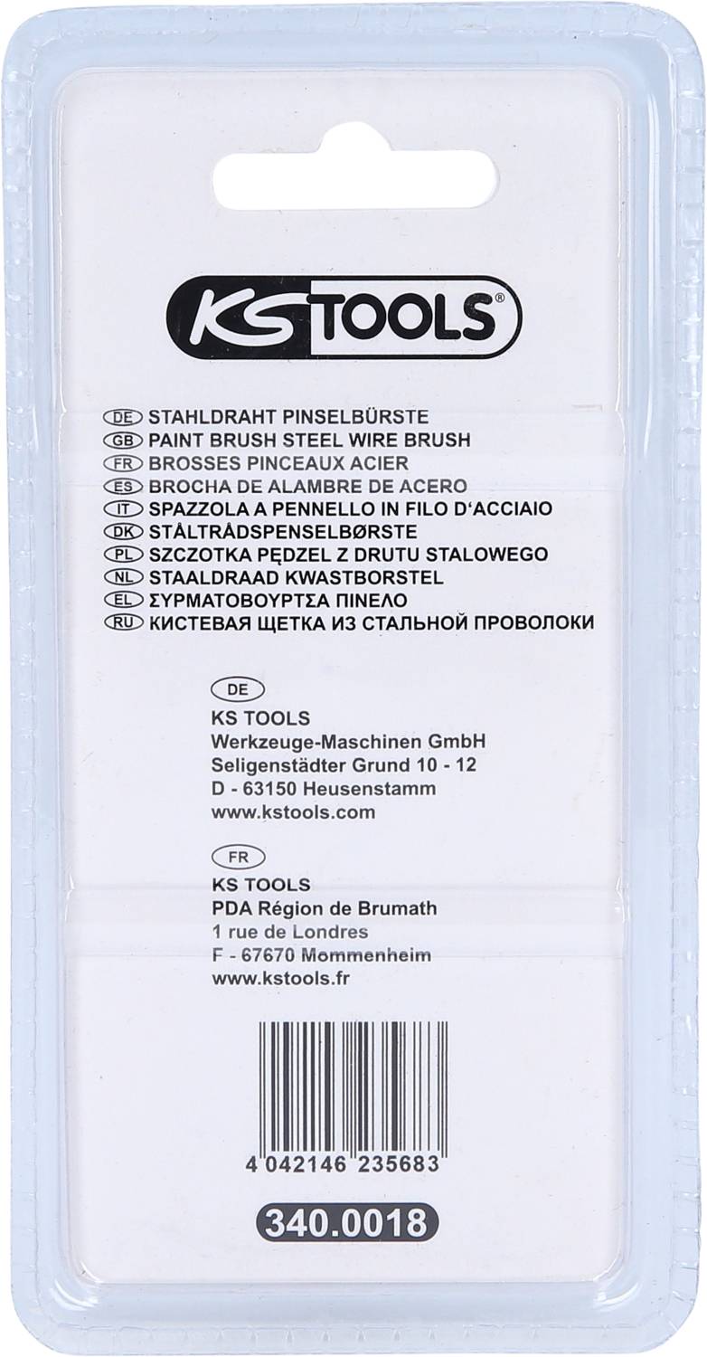 'KS Tools' Verpackung mit mehreren Sprachübersetzungen für 'Stahlbürste'. Enthält Adresse und Kontaktinformationen von 