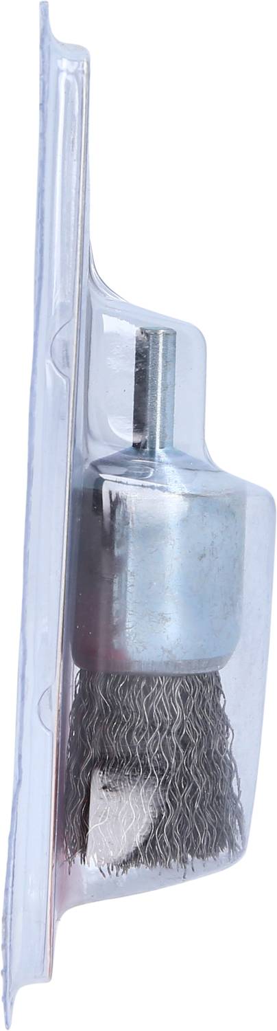 Drahtbürstenaufsatz in Plastikverpackung, seitlich betrachtet. Er dient zur Reinigung von Oberflächen oder zum Entfernen von Rost.