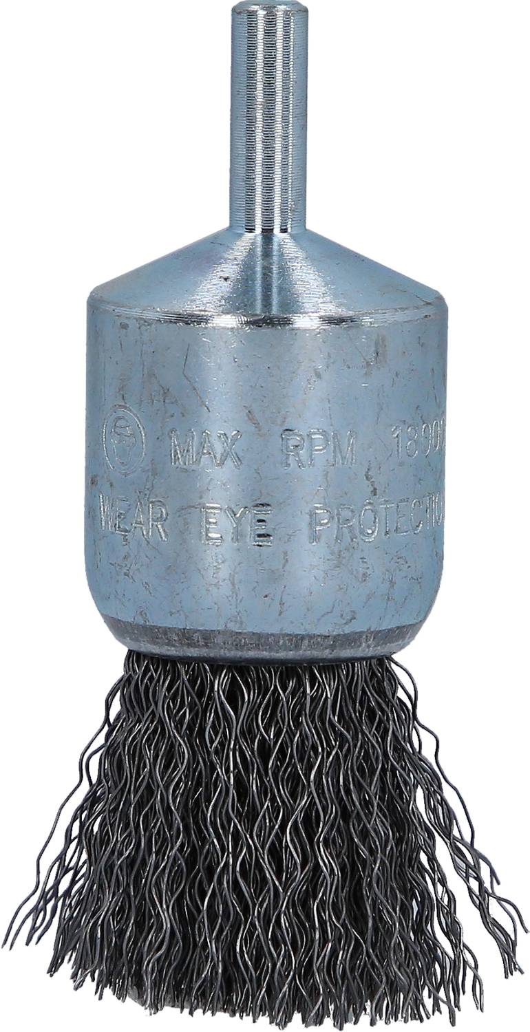 Drahtbürstenaufsatz mit silbernem Metallkörper und schwarzen Stahlborsten, geeignet für Bohrer zur Metallreinigung und -bearbeitung.
