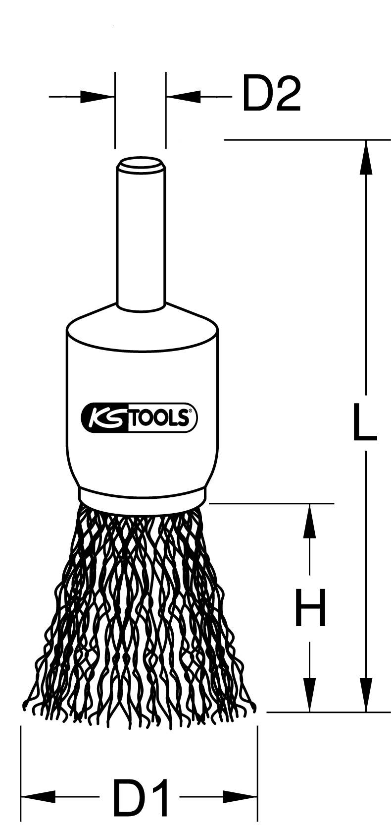 Drahtbürste von KS Tools mit Maßen: Gesamtlänge (L), Bürstenlänge (H), Durchmesser oben (D2) und unten (D1) dargestellt.