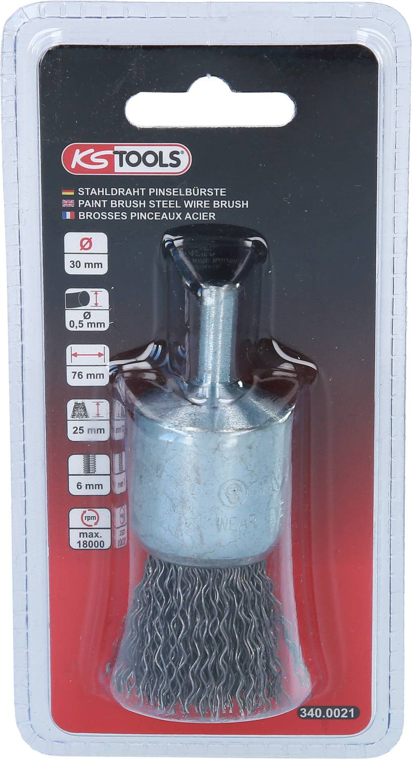 'Stahldraht-Pinselbürste von KS Tools' in Verpackung, geeignet für Bohrmaschinen, mit Abmessungen und max. Drehzahl 18.000 U/min.