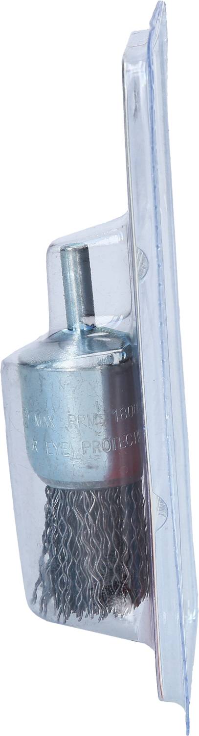 Topfbürste aus Metall in durchsichtiger Plastikverpackung, geeignet für Bohrmaschinen, zum Entfernen von Rost und Farbe auf Metalloberflächen.