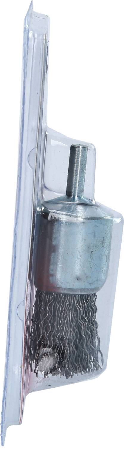 Metallbürstenaufsatz in Kunststoffverpackung, seitliche Ansicht. Geeignet für Bohrmaschinen, verwendet zum Reinigen oder Entfernen von Rost.