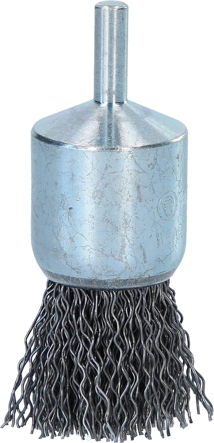 Ein zylindrischer Stahlbürstenkopf mit dichten, langen Drahtborsten, oben mit einem Metallstift zur Befestigung an Werkzeugen versehen.